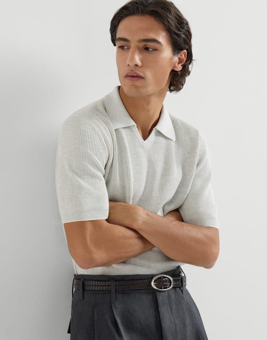 棉质英式罗纹针织马球衫 雾白 男款 - Brunello Cucinelli
