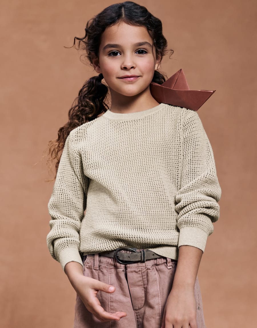 亮丝棉罗纹网眼针织衫 燕麦色 女童 - Brunello Cucinelli
