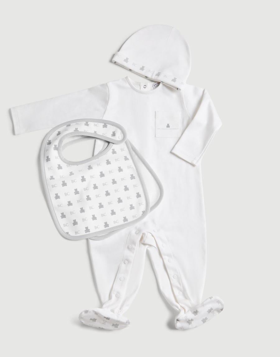 Baby Bernie coverall, beanie and bibs set Light Grey Baby - Brunello Cucinelli