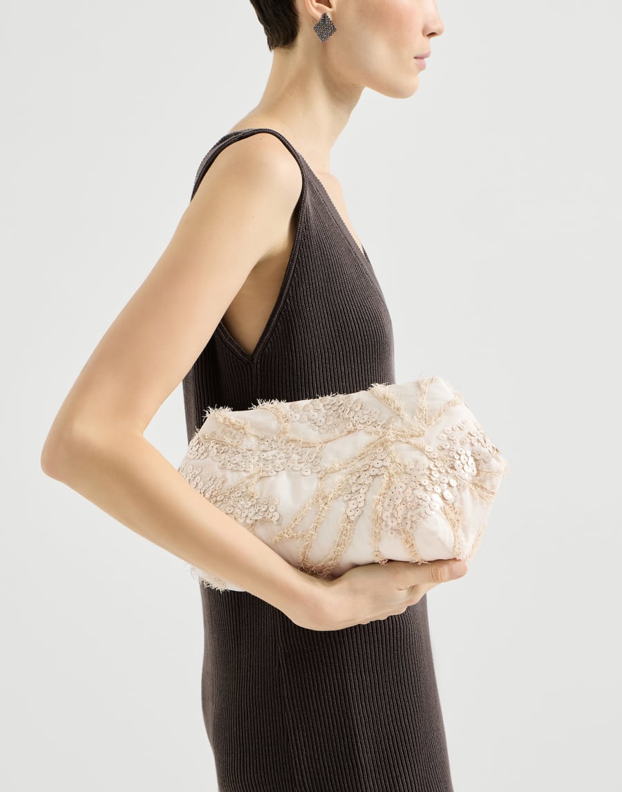 Bolso Pouch Dazzling Seabed Embroidery Beige Mujer - Brunello Cucinelli