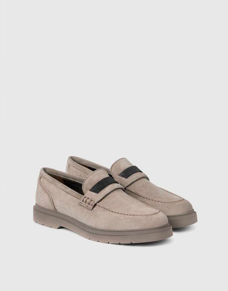 Suede penny loafer with monili Beige Woman - Brunello Cucinelli