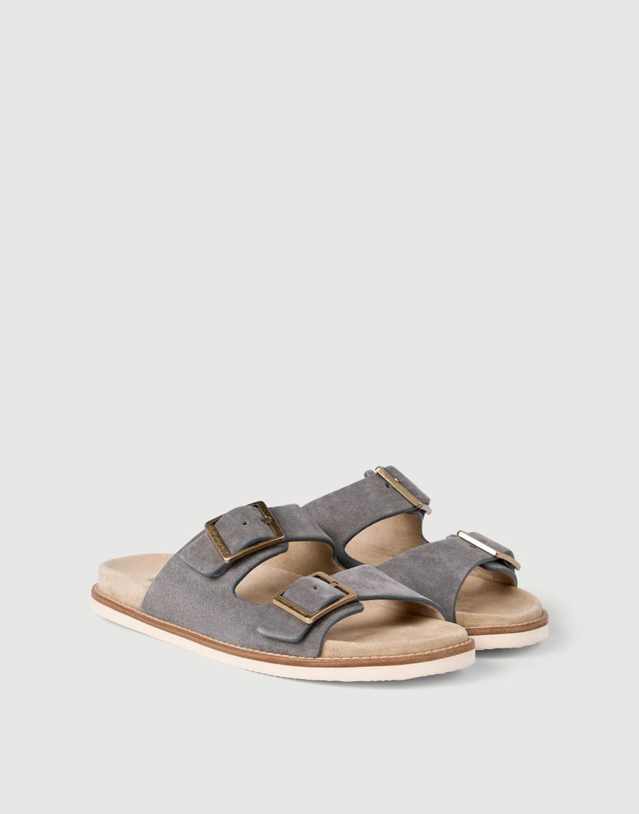 Suede slides with buckles Taupe Smoke Man - Brunello Cucinelli