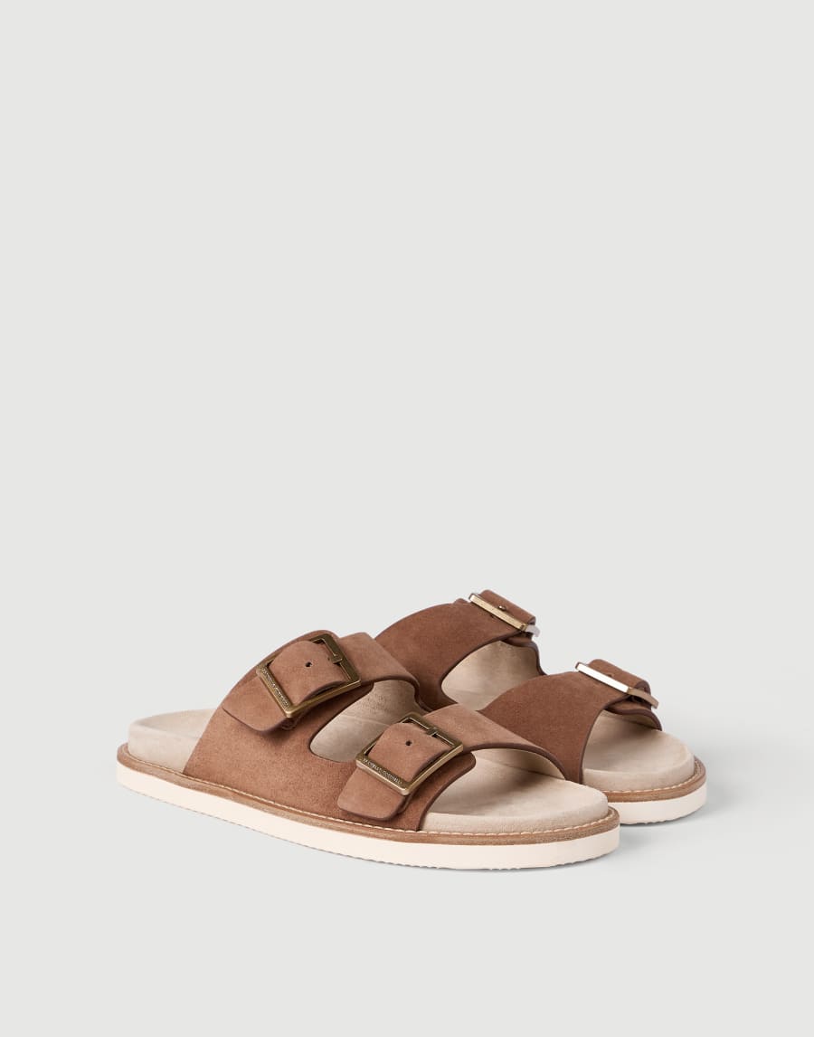 Suede slides with buckles Hazelnut Man - Brunello Cucinelli