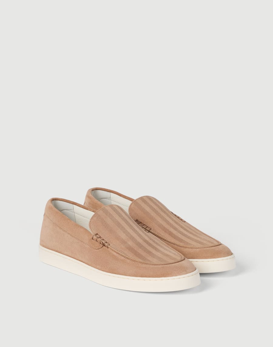 Chevron-effect suede slip-ons Light Brown Man - Brunello Cucinelli