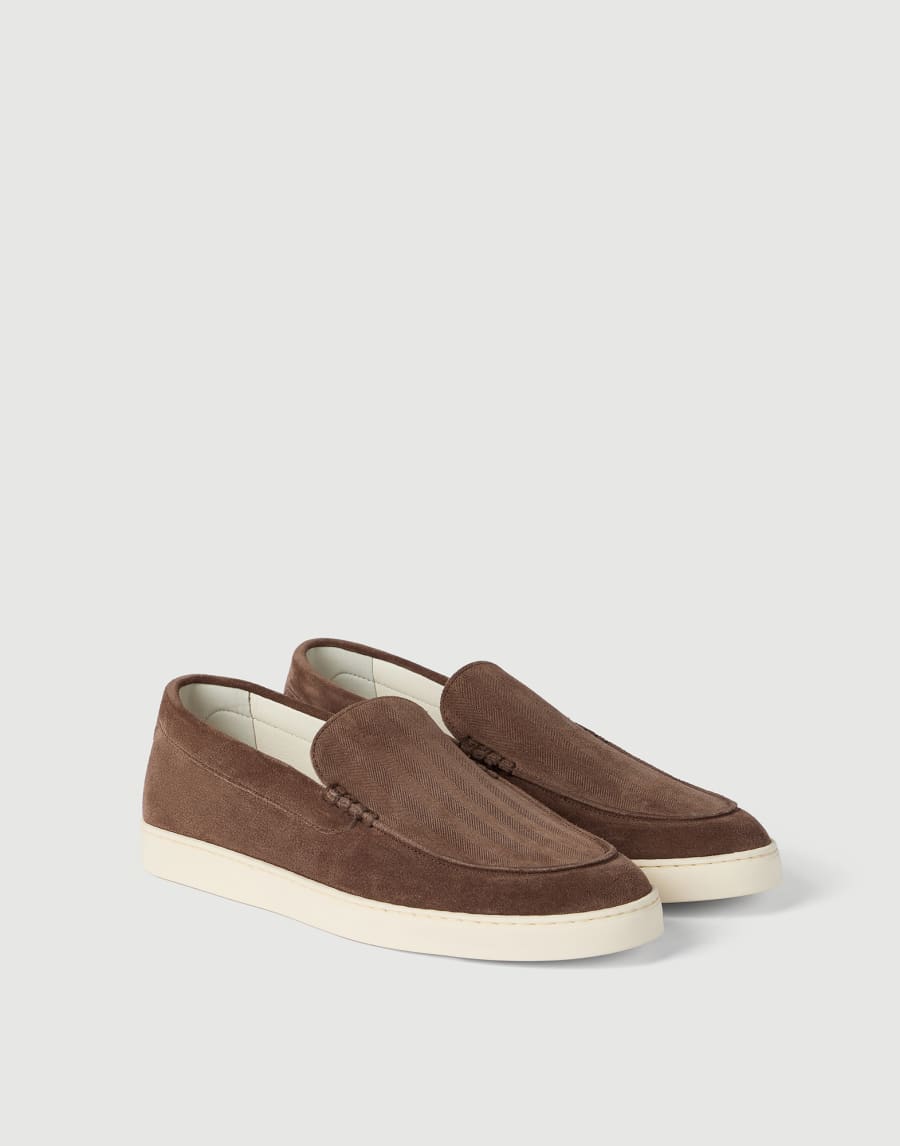 Chevron-effect suede slip-ons Tobacco Man - Brunello Cucinelli