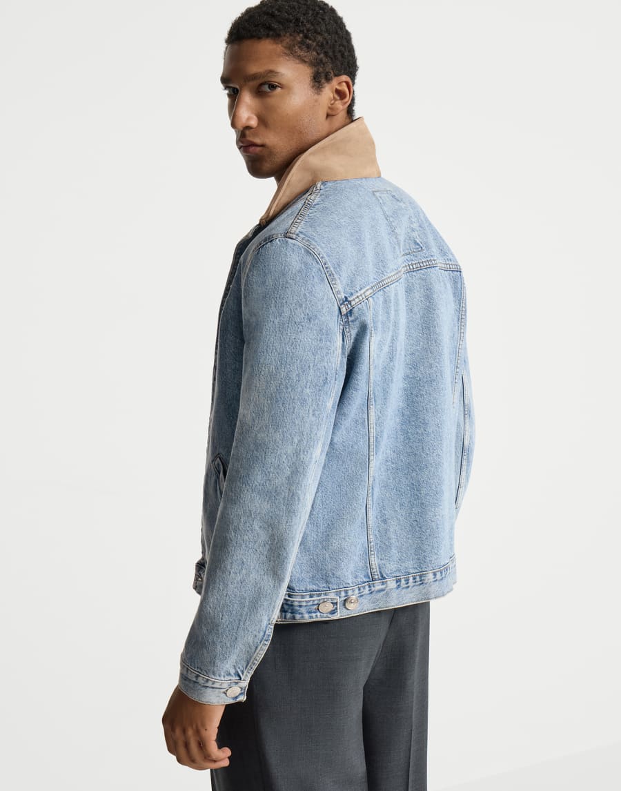 Denim outerwear jacket with suede collar Light Denim Man - Brunello Cucinelli