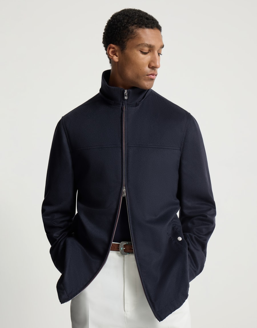 Lightweight cashmere flannel biker jacket Navy Blue Man - Brunello Cucinelli