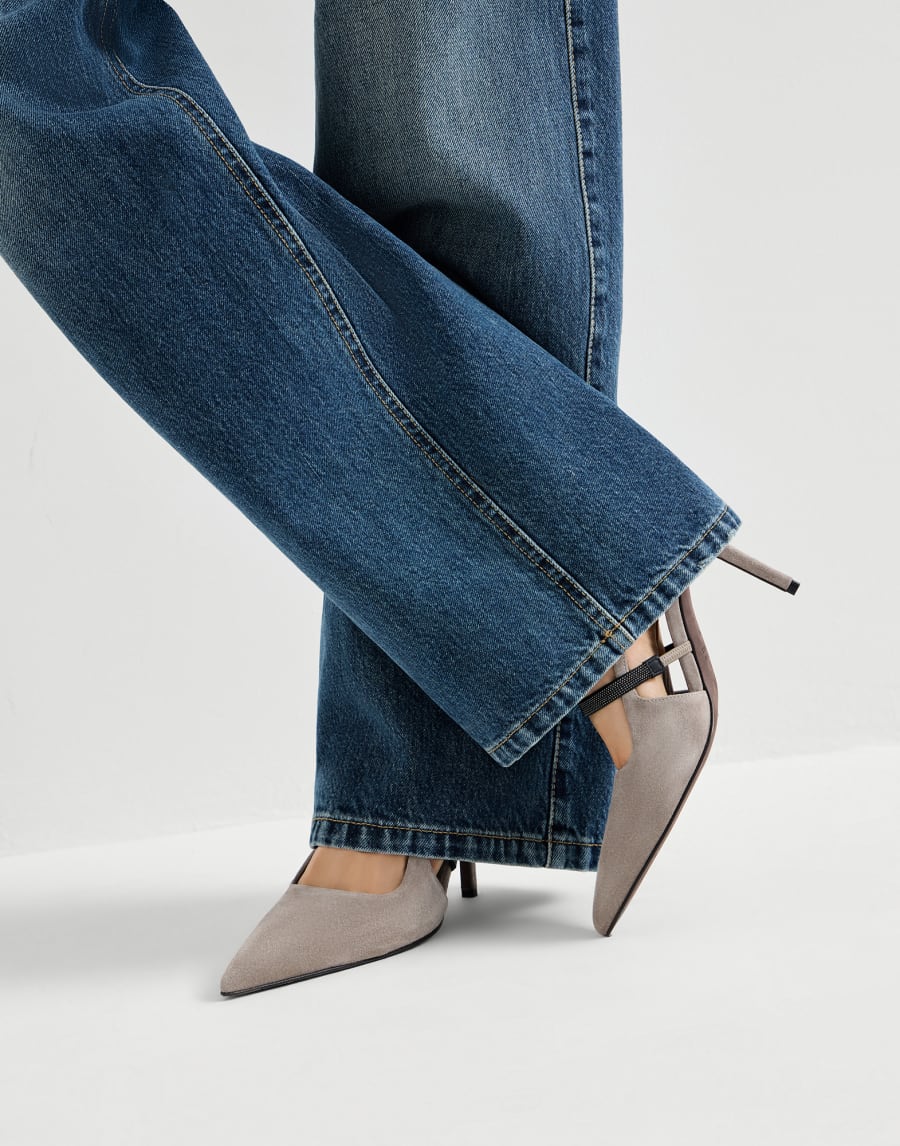 Chaussures à talon en daim, lanière fantaisie Gris Clair Femme - Brunello Cucinelli