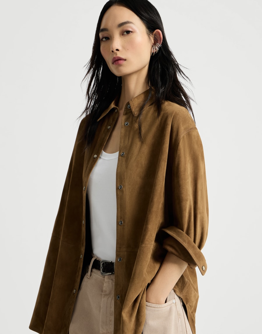 Suede shirt with monili Light Brown Woman - Brunello Cucinelli