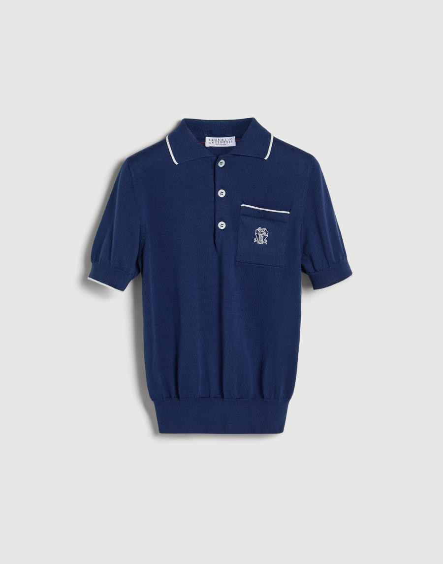 Cotton lightweight knit polo shirt with logo Blue Boys - Brunello Cucinelli