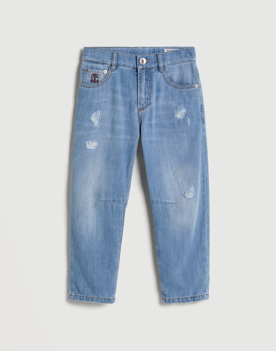 Five-pocket trousers with rip details Light Blue Denim Boys - Brunello Cucinelli