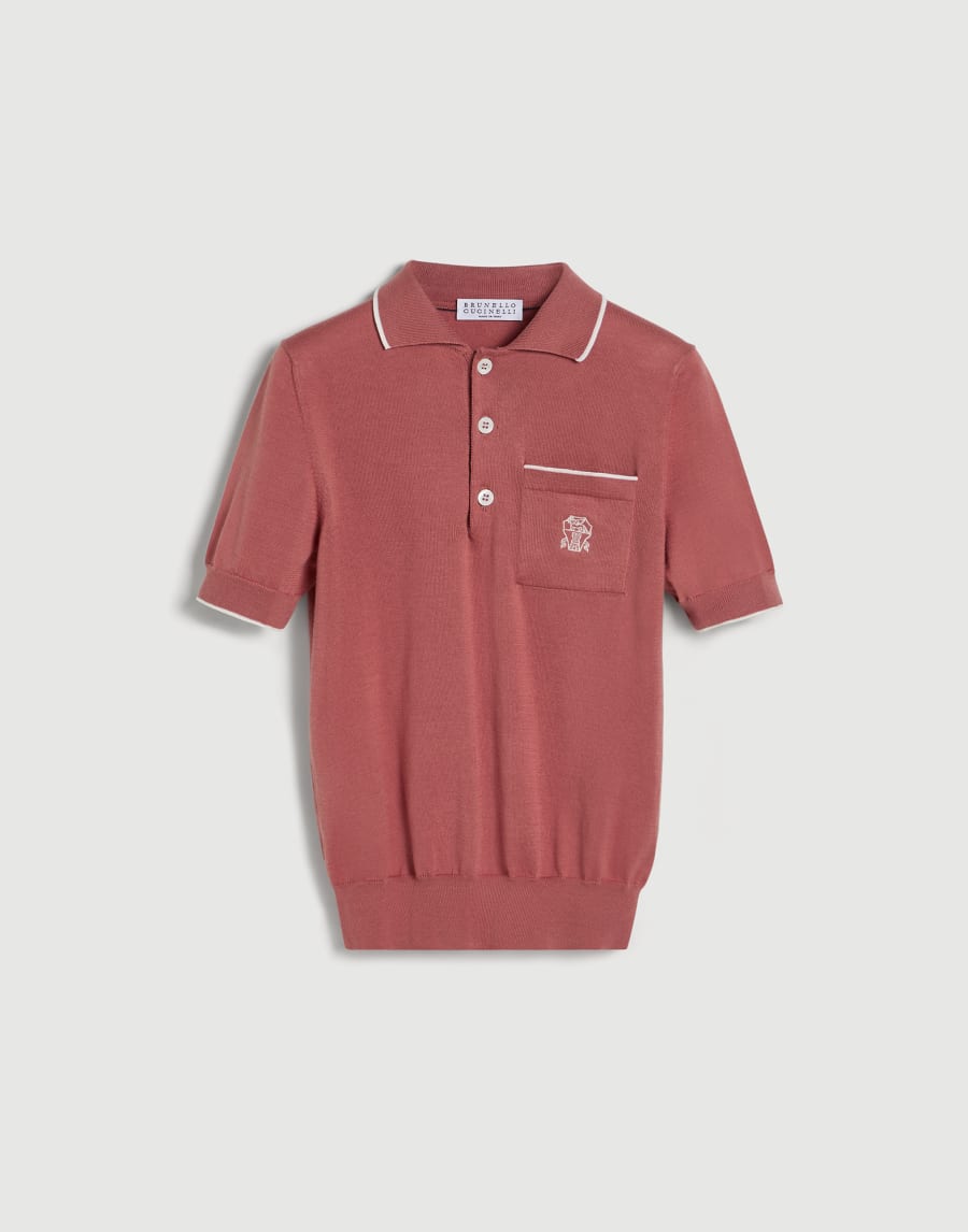 Cotton lightweight knit polo shirt with logo Orange Boys - Brunello Cucinelli