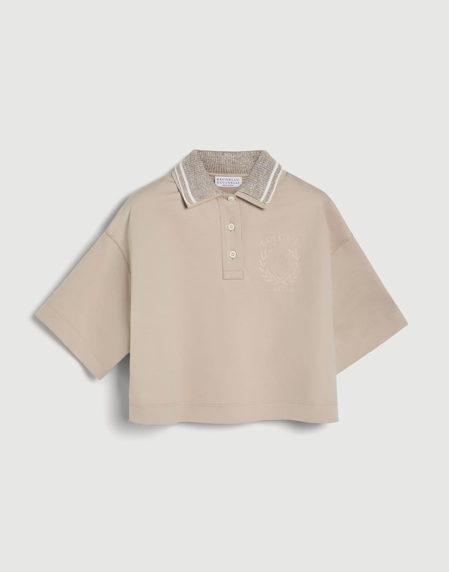 Polo shirt with knit collar and print Beige Girls - Brunello Cucinelli