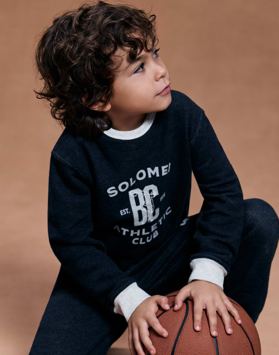 Mélange French terry sweatshirt with print Navy Blue Boys - Brunello Cucinelli