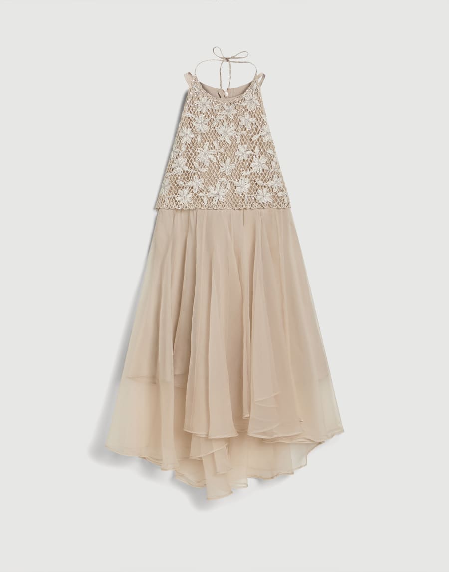 Crispy silk dress with monili Beige Girls - Brunello Cucinelli