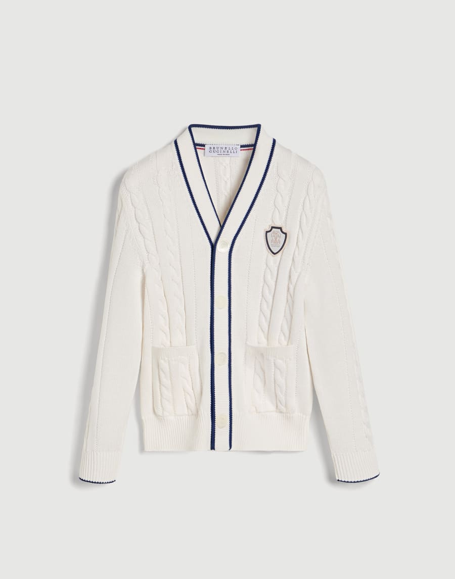 Cardigan en coton à torsades avec logo Blanc Garçon - Brunello Cucinelli