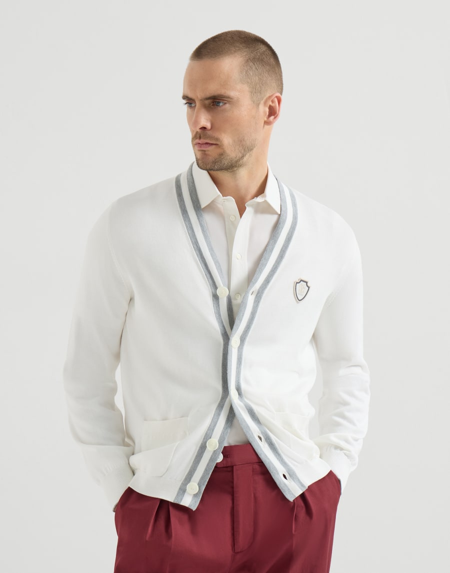 Cardigan in cotone con logo Bianco Uomo - Brunello Cucinelli
