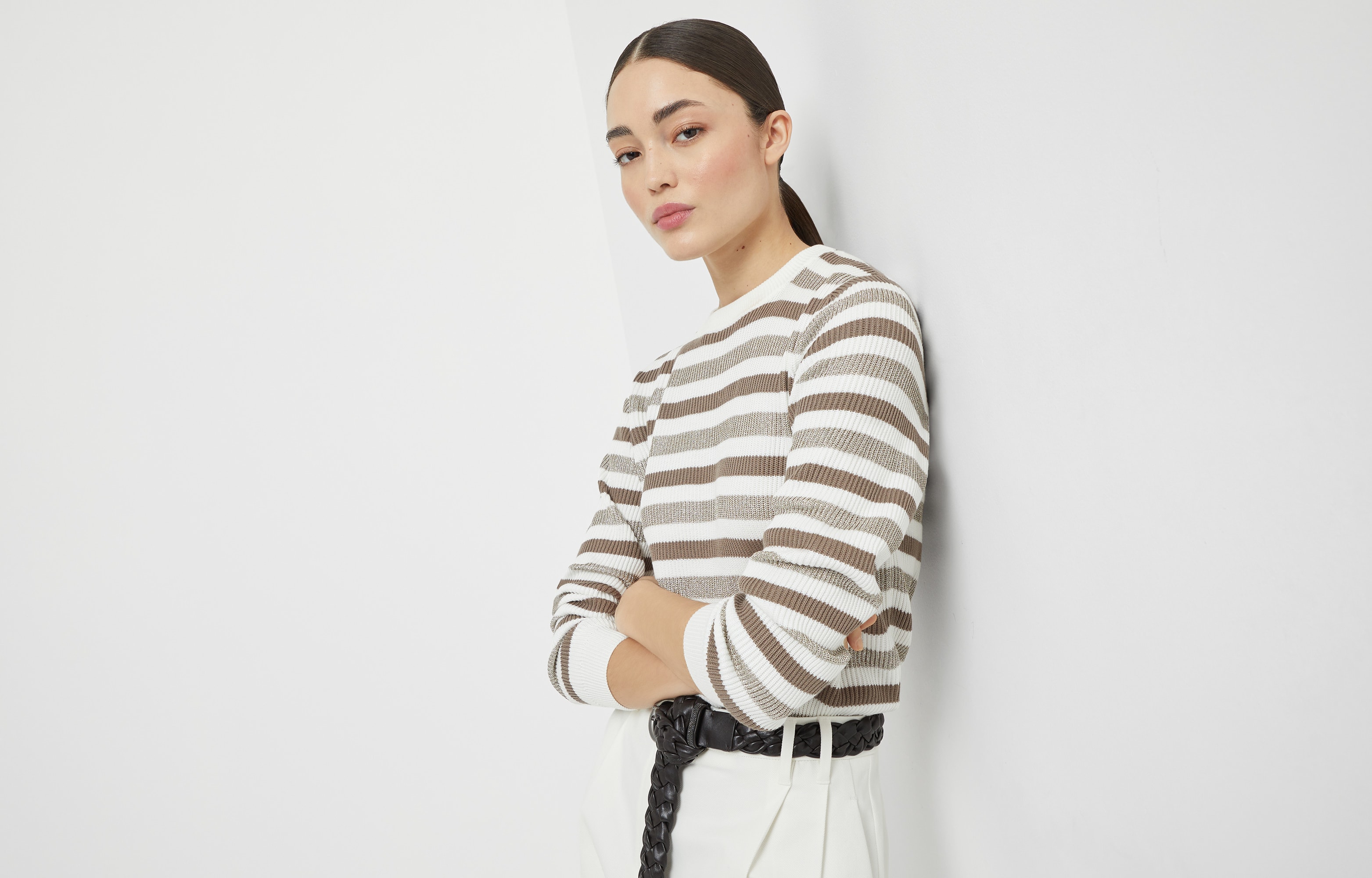 【関税&送料込】Brunello Cucinelli Sparkling Cotton Knit Tro Cotton Sparkling yarn sweater for Woman in Beige | Brunello