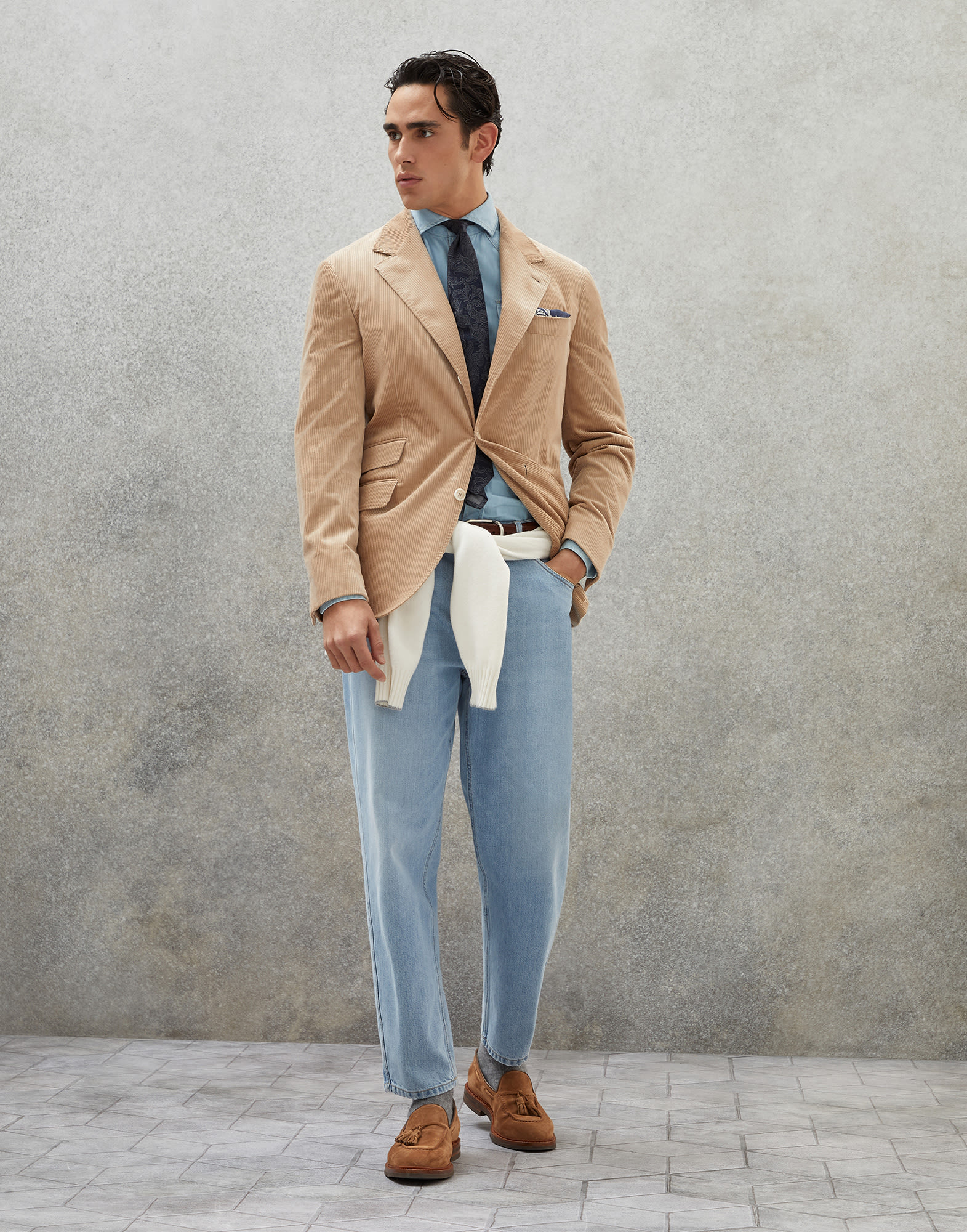 Tan jacket blue pants store