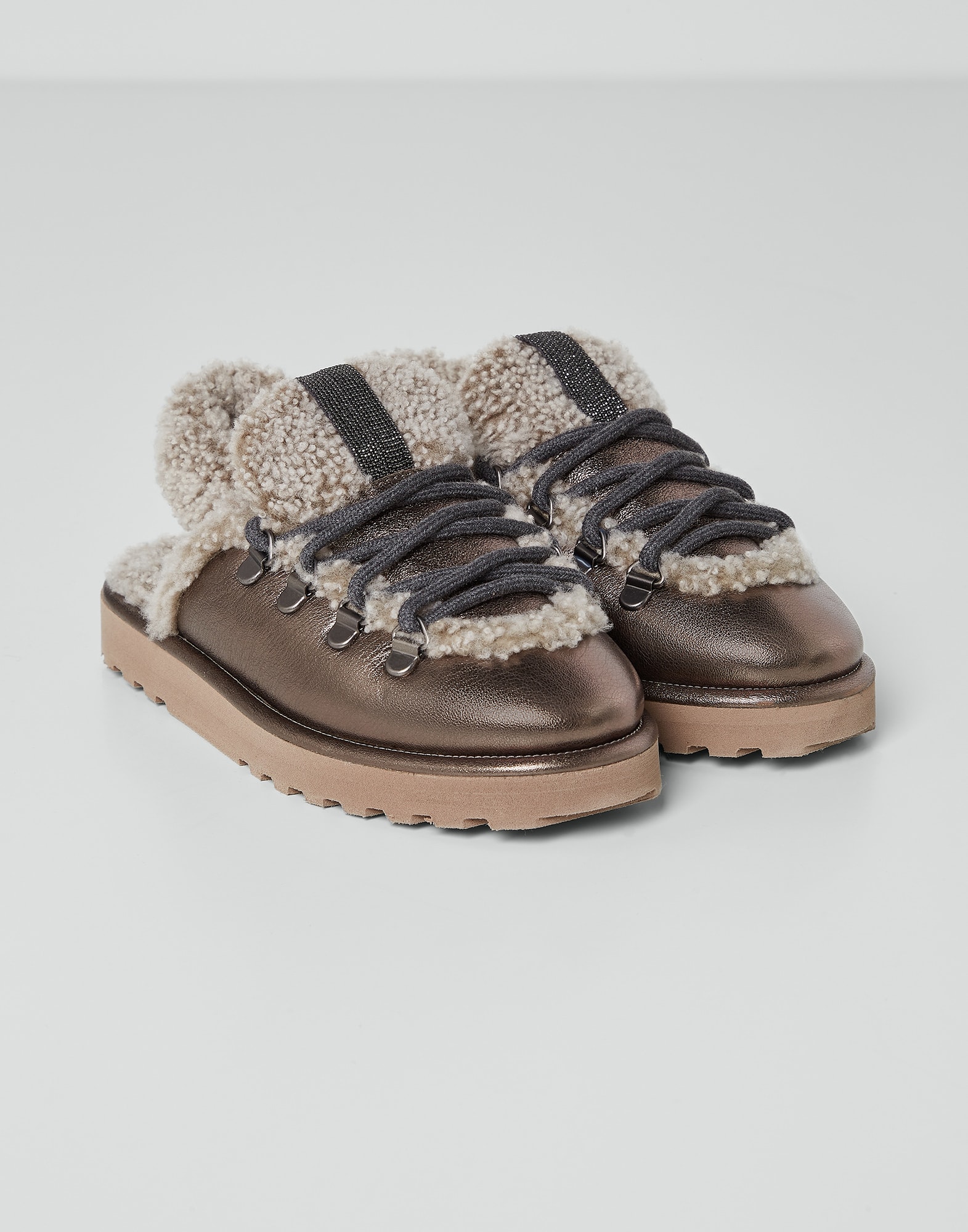 Lamé leather and shearling slippers