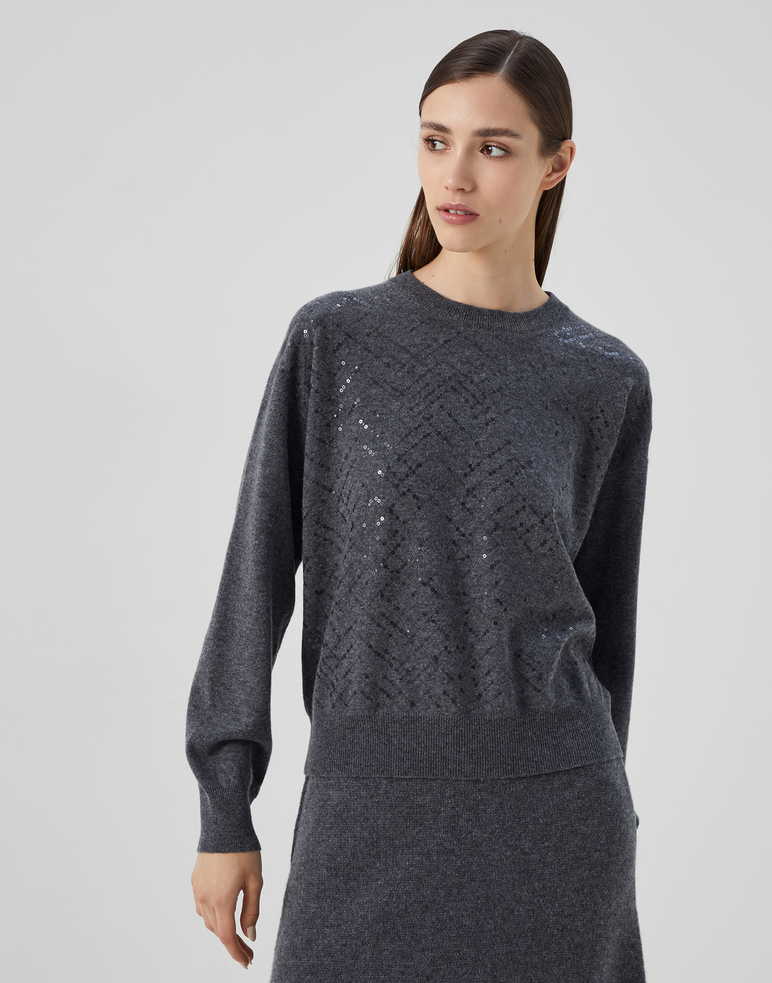 Sweater with Dazzling Embroidery Lead Woman - Brunello Cucinelli