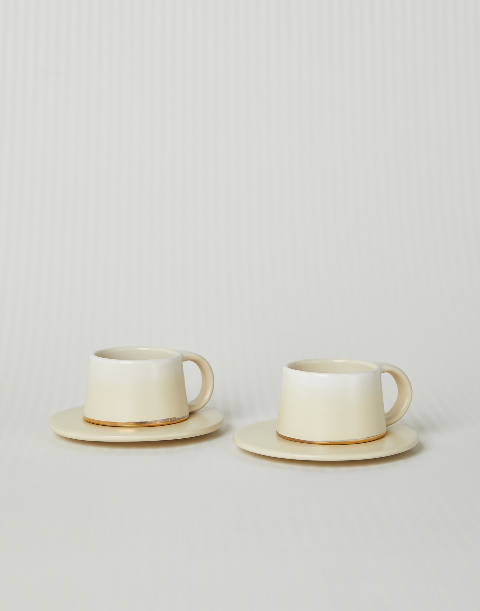 Set Of Two White Espresso Cups With Handle & Saucers, 2 Ceramic