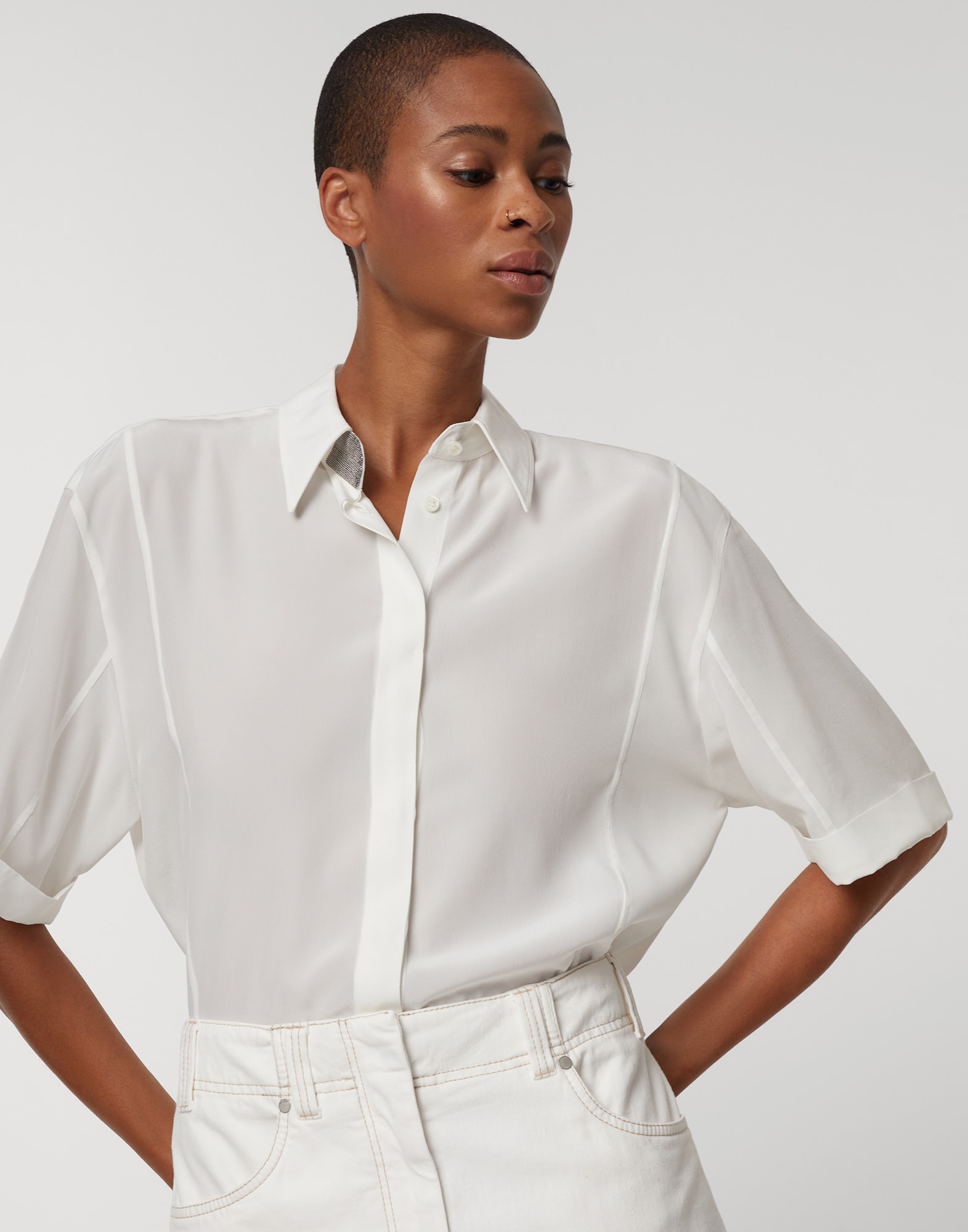 Camisa en crepé de China Blanco Mujer - Brunello Cucinelli