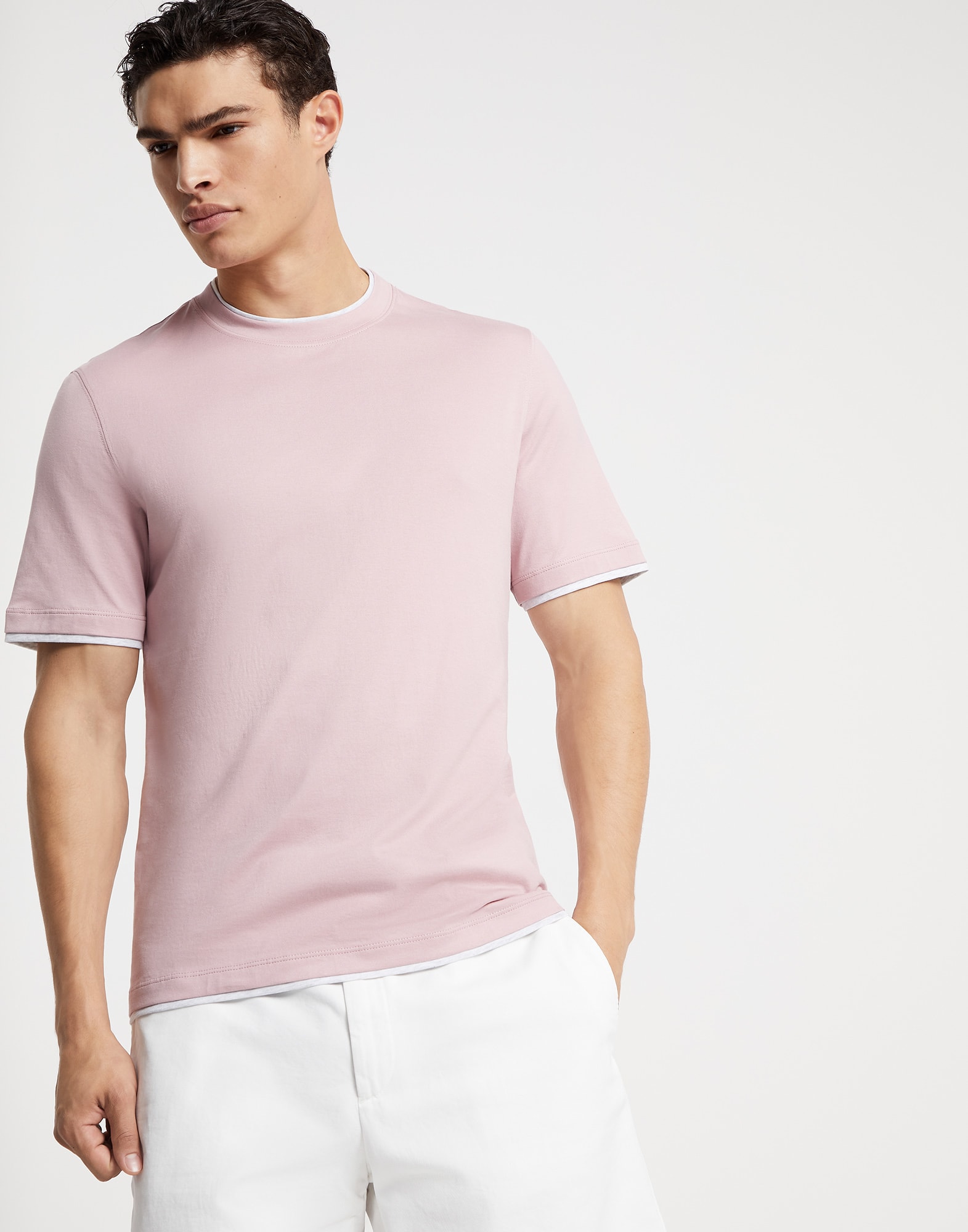 T-shirt with faux-layering Pink Man - Brunello Cucinelli