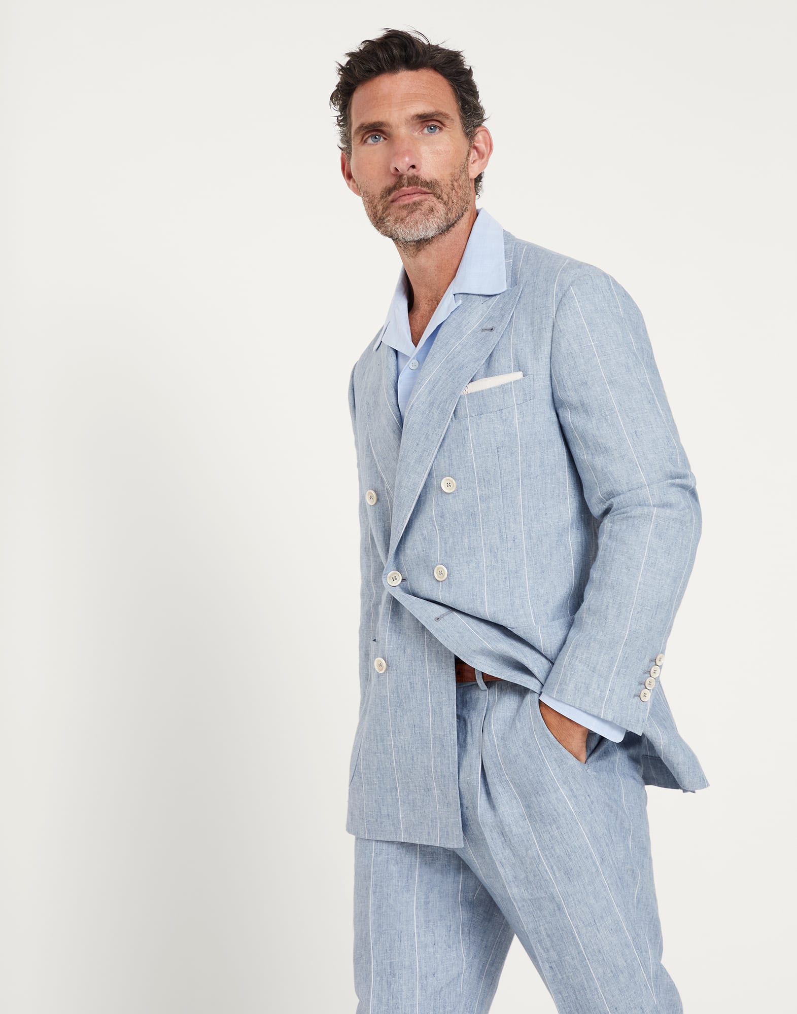 Бесподкладочный пиджак в меловую полоску Небесно-голубой Мужчина -
                        Brunello Cucinelli
                    