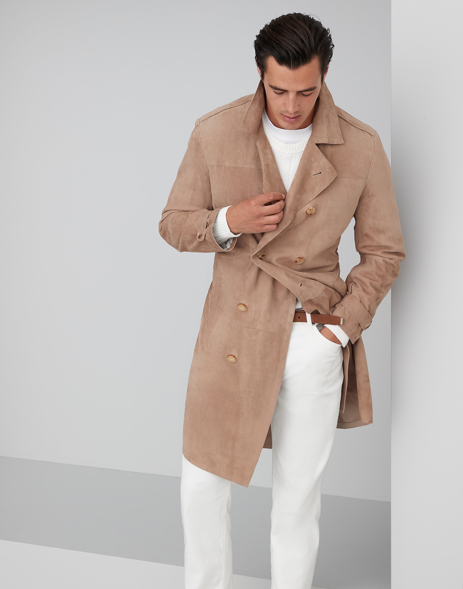 Beige suede top trench coat