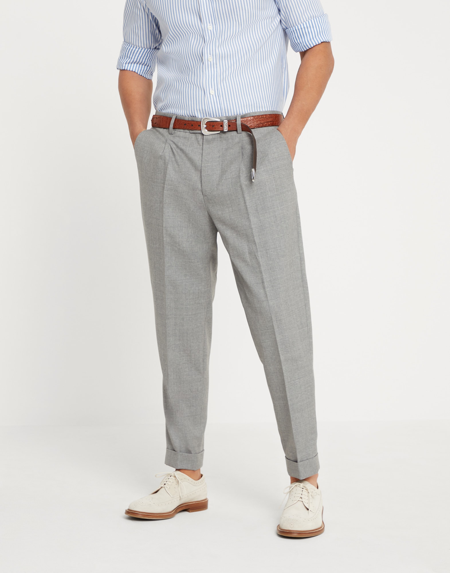 Leisure fit trousers with pleats Pearl Grey Man - Brunello Cucinelli