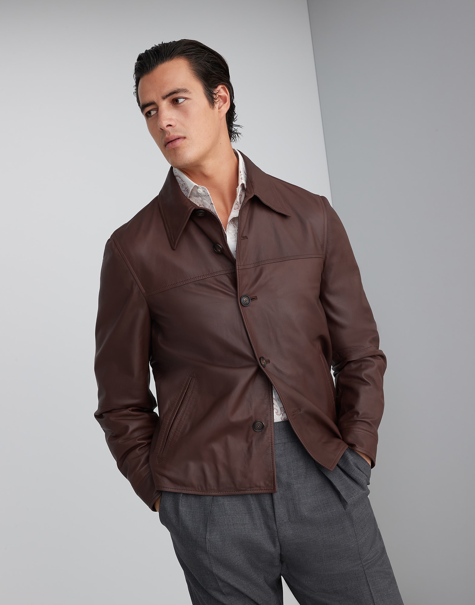 Nappa leather overshirt Brown Man - Brunello Cucinelli