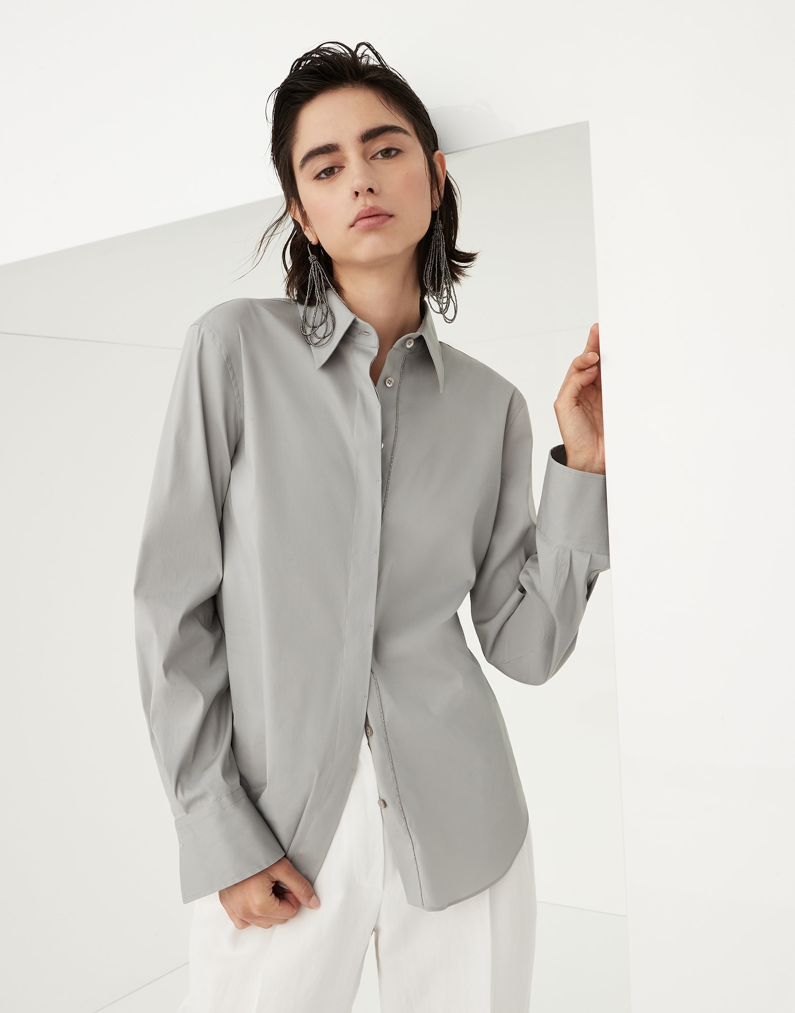 Stretch poplin shirt Medium Grey Woman - Brunello Cucinelli
