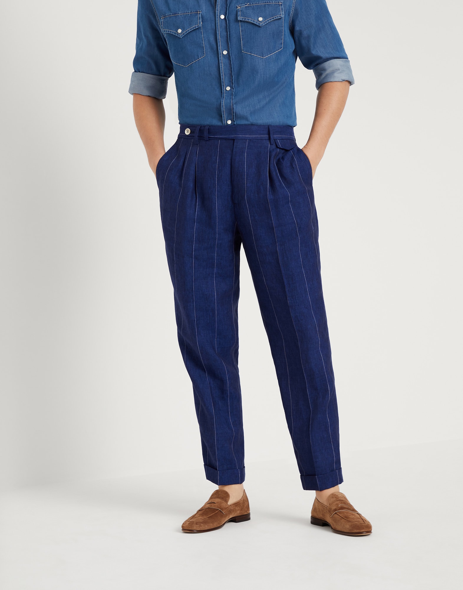Leisure fit trousers with double pleats Indigo Man - Brunello Cucinelli