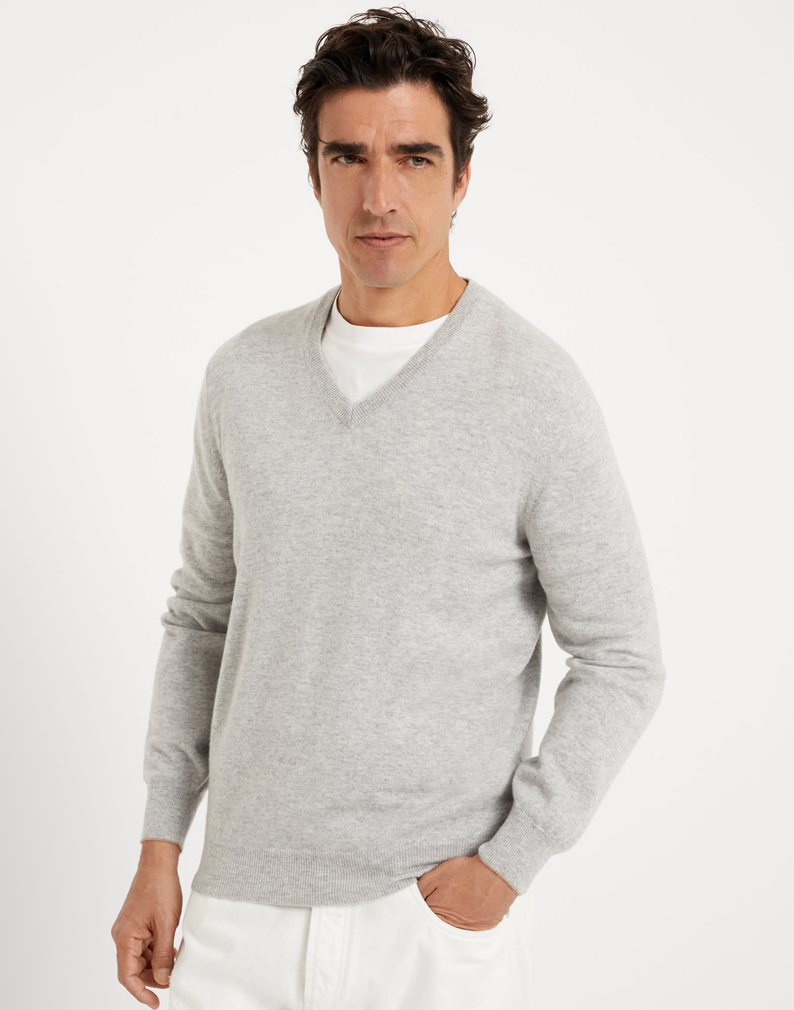Brunello Cucinelli - Clay Cashmere Elbow Patch V-Neck Sweater