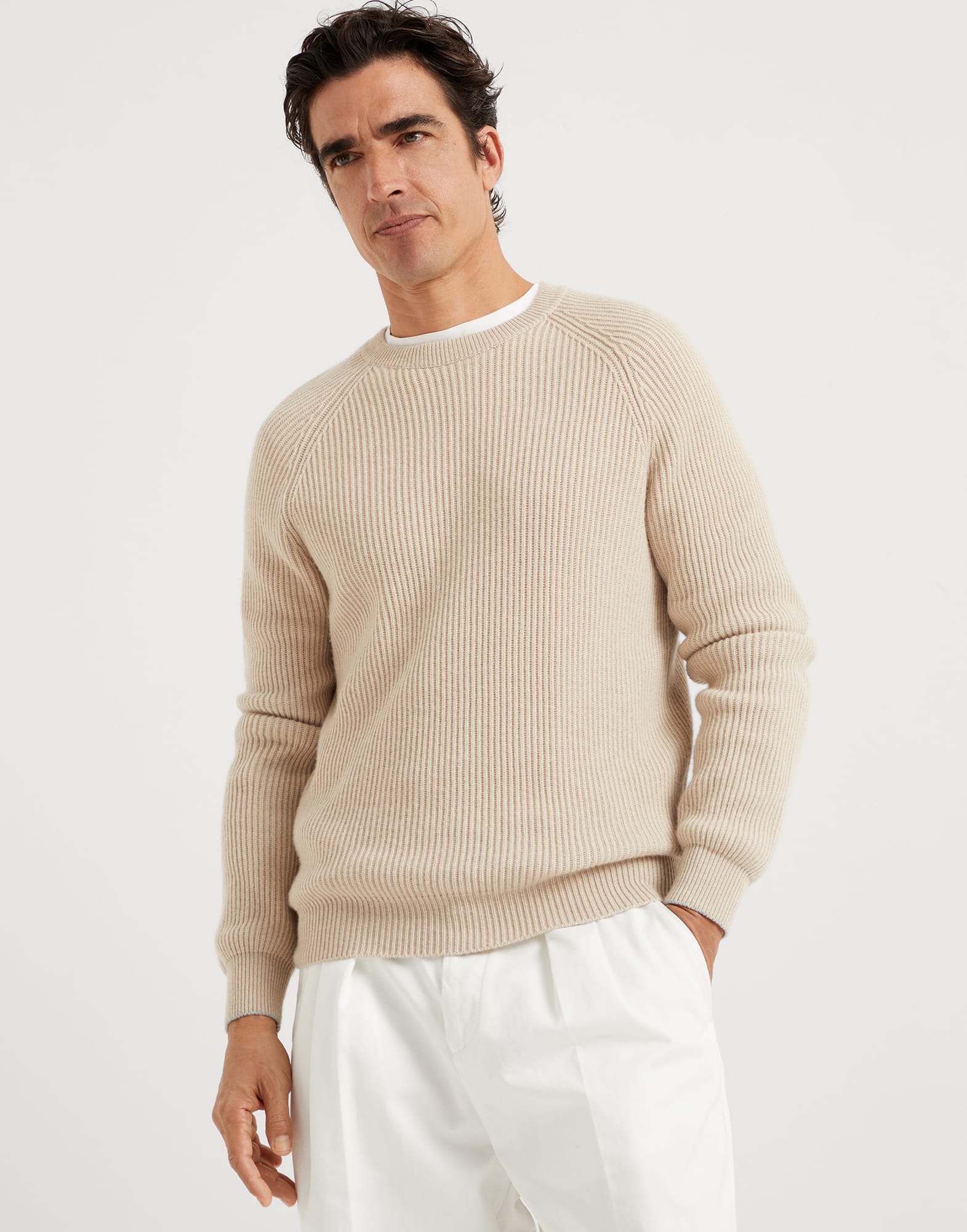 English Rib knit sweater Sand Man - Brunello Cucinelli