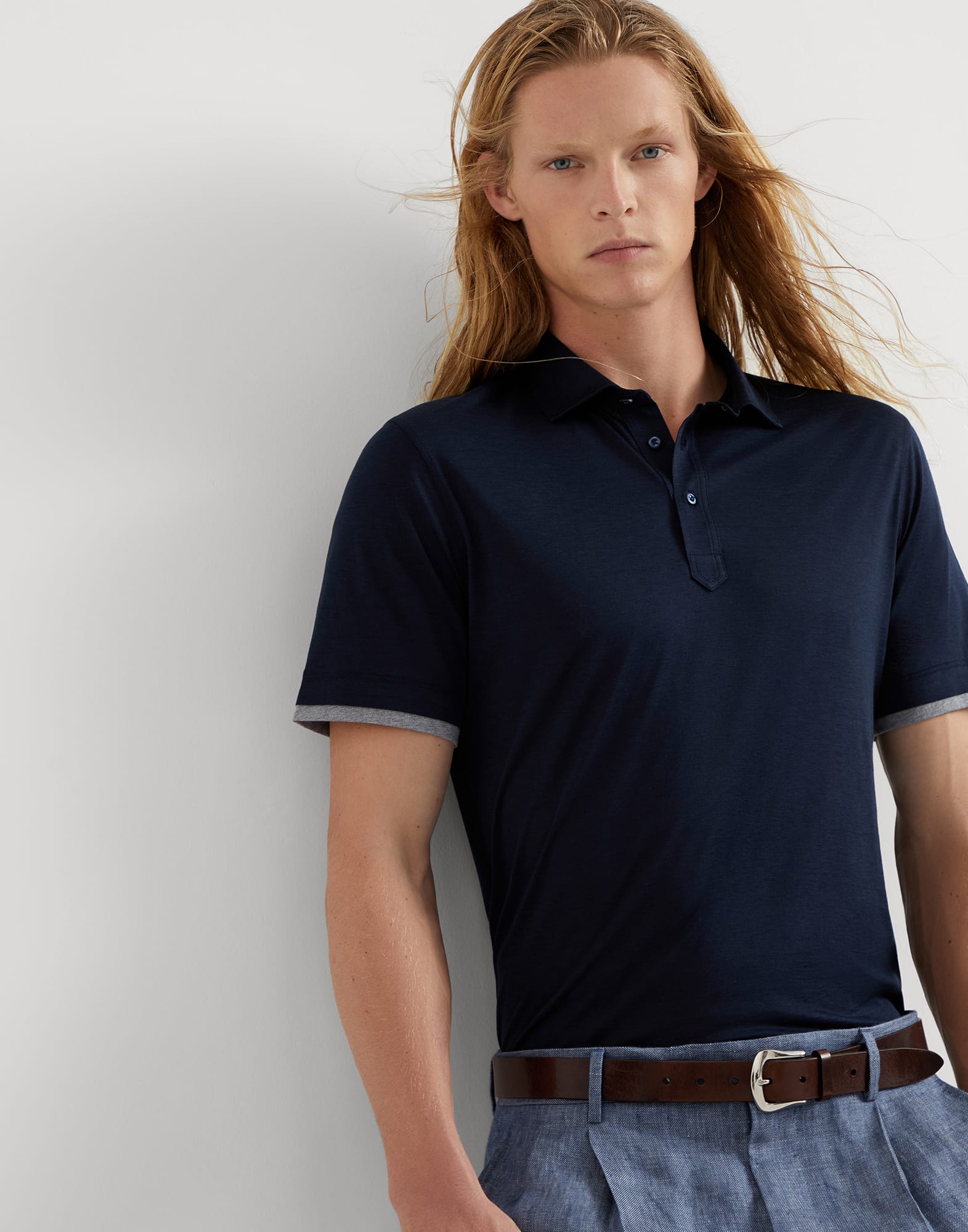 Polo with Faux-Layering Navy Blue Man - Brunello Cucinelli 