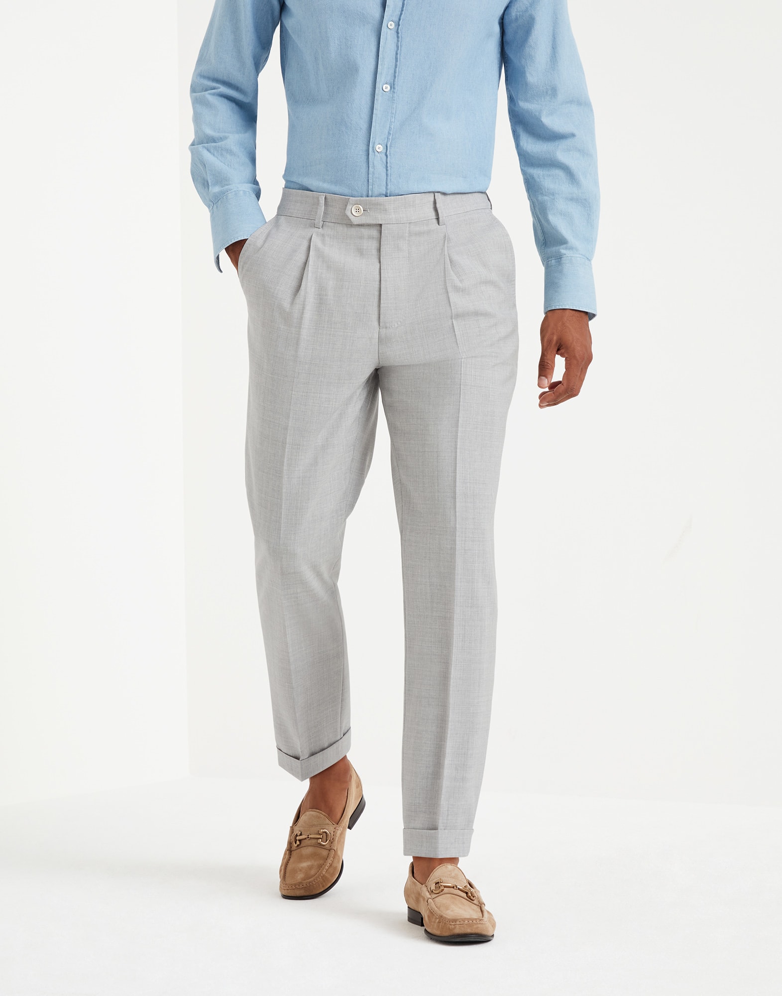 Leisure fit trousers with pleats Pearl Grey Man - Brunello Cucinelli