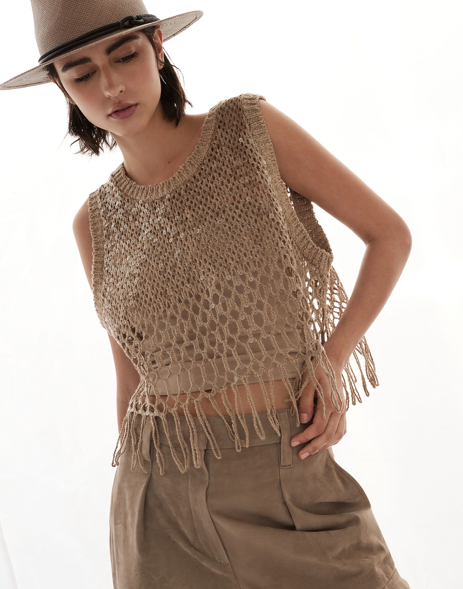 Dazzling Embroidery top Light Brown Woman - Brunello Cucinelli