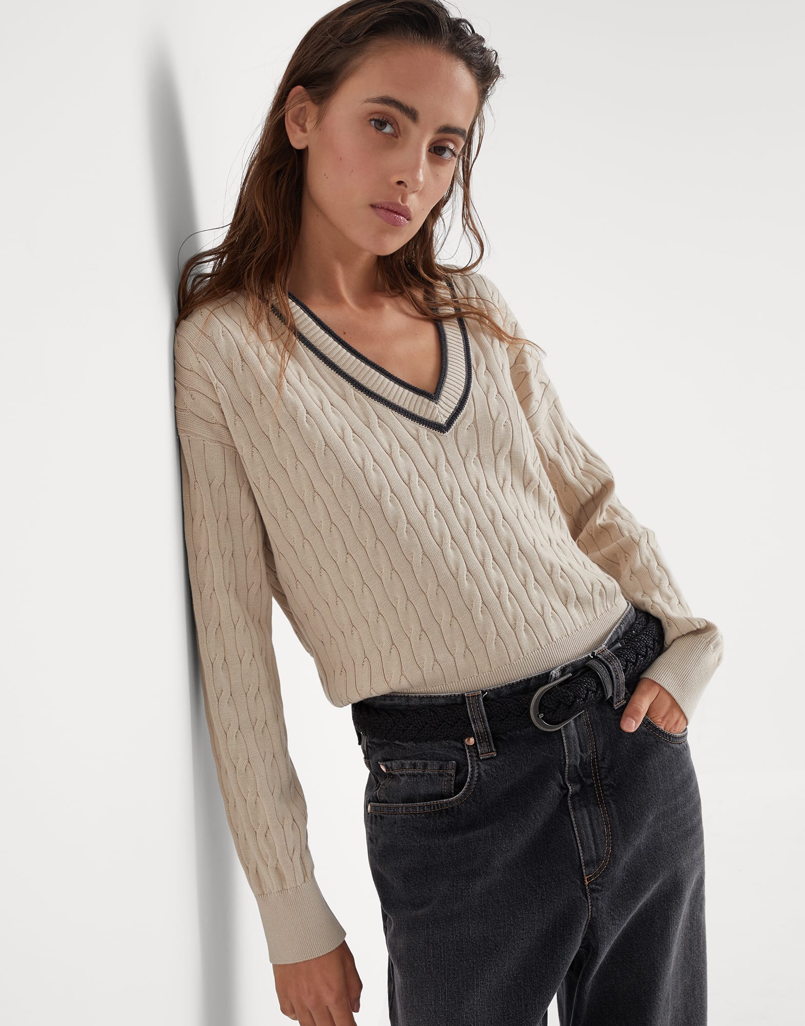 Cable knit sweater Beige Woman - Brunello Cucinelli