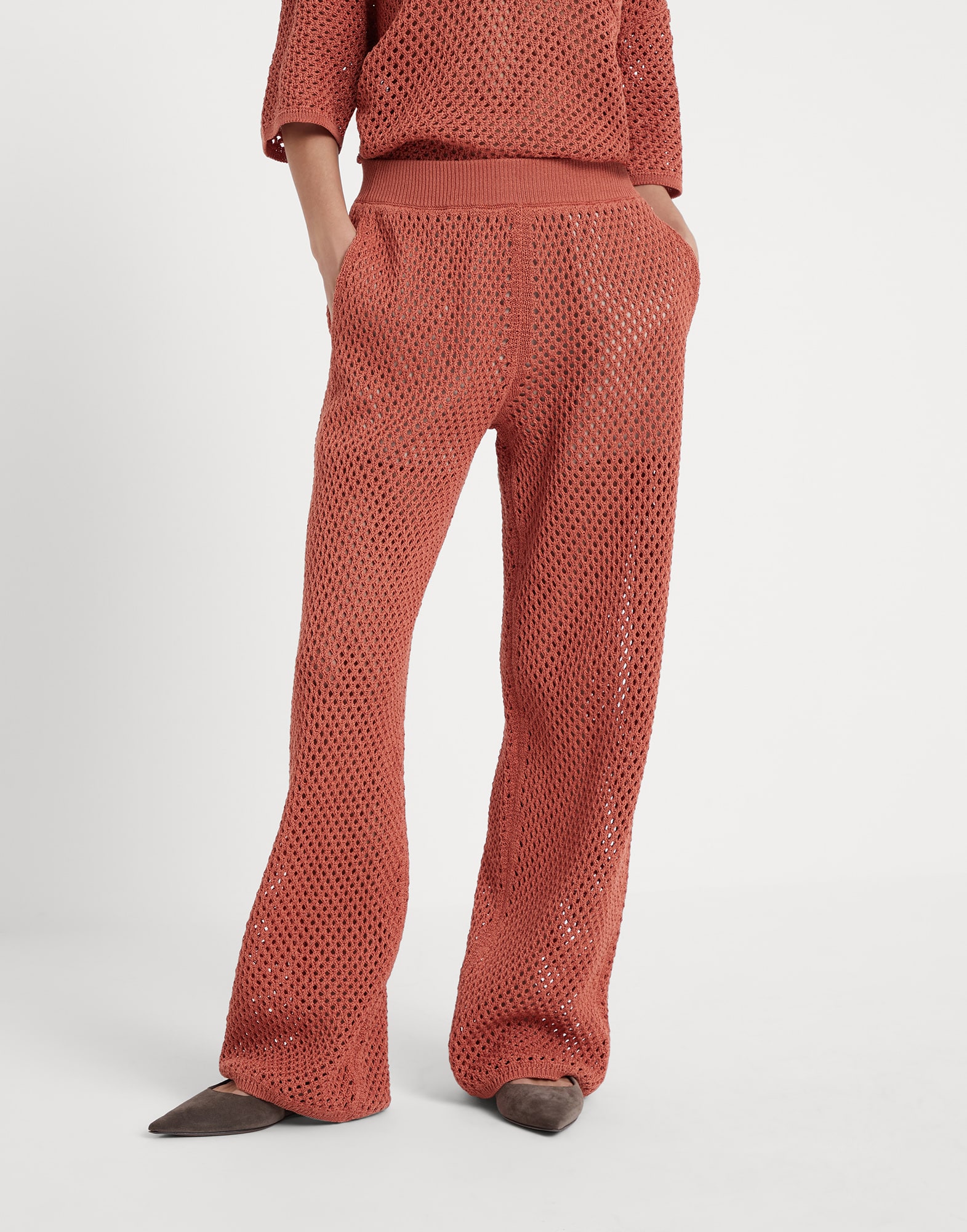 Net knit trousers Orange Woman - Brunello Cucinelli