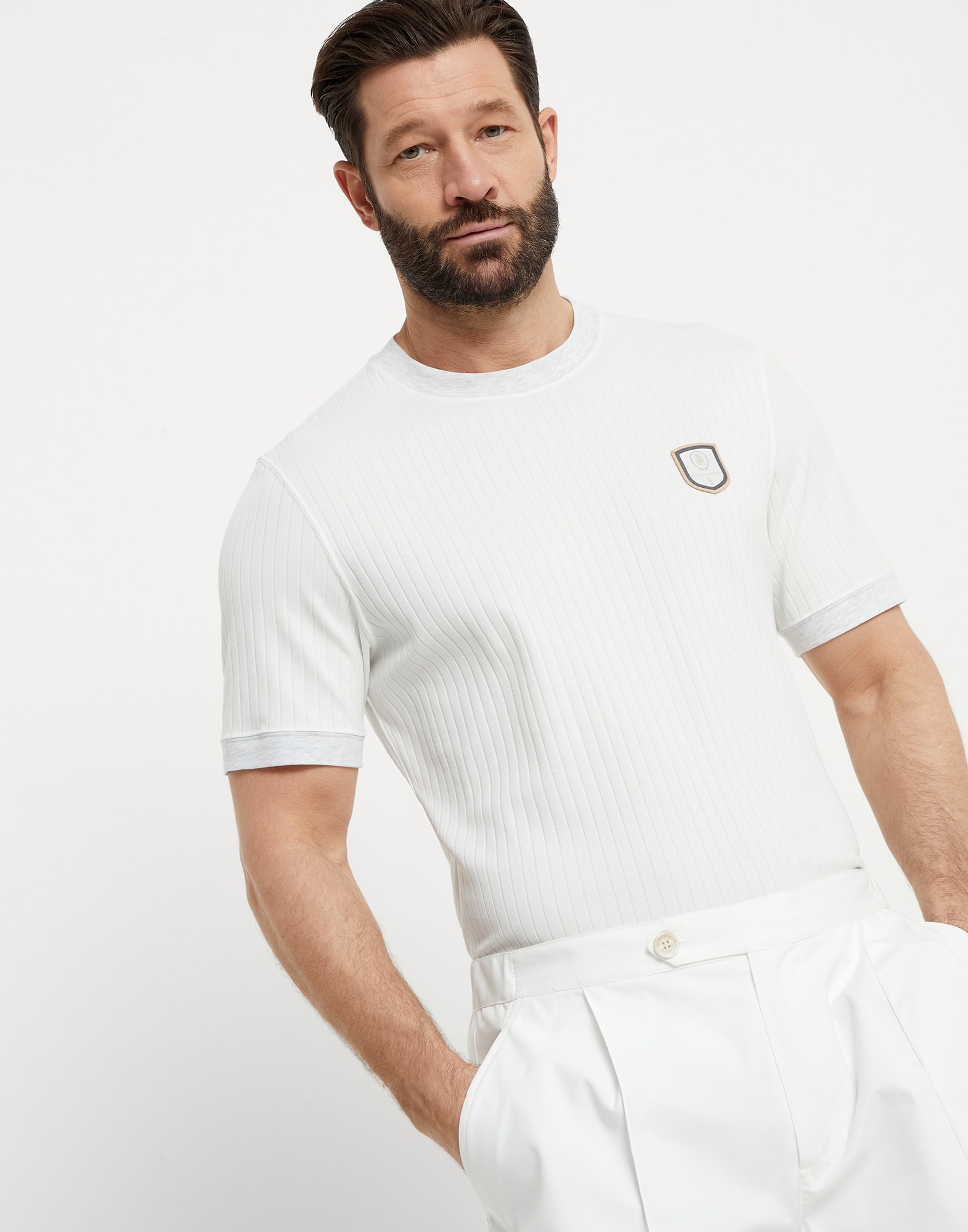 网球徽章T恤 灰白色 男款 - Brunello Cucinelli