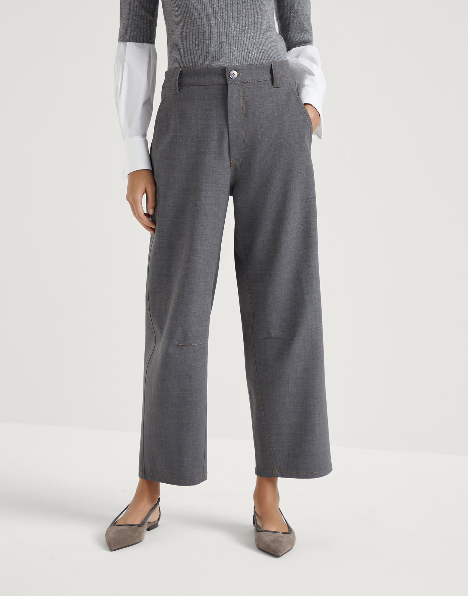 Pantalón Soft Curved Gris Medio Mujer - Brunello Cucinelli