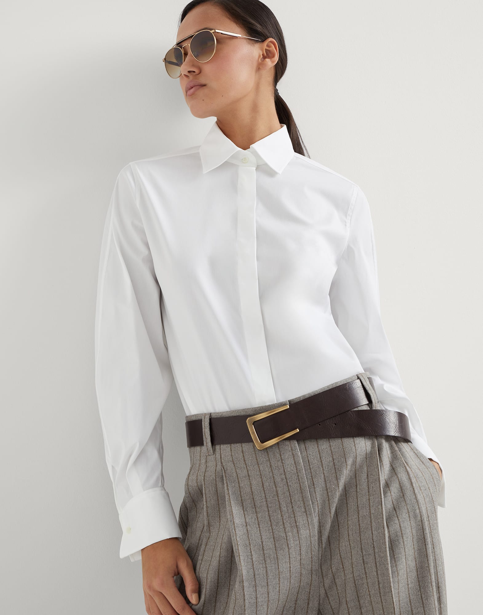 Camisa de popelina stretch Blanco Mujer - Brunello Cucinelli