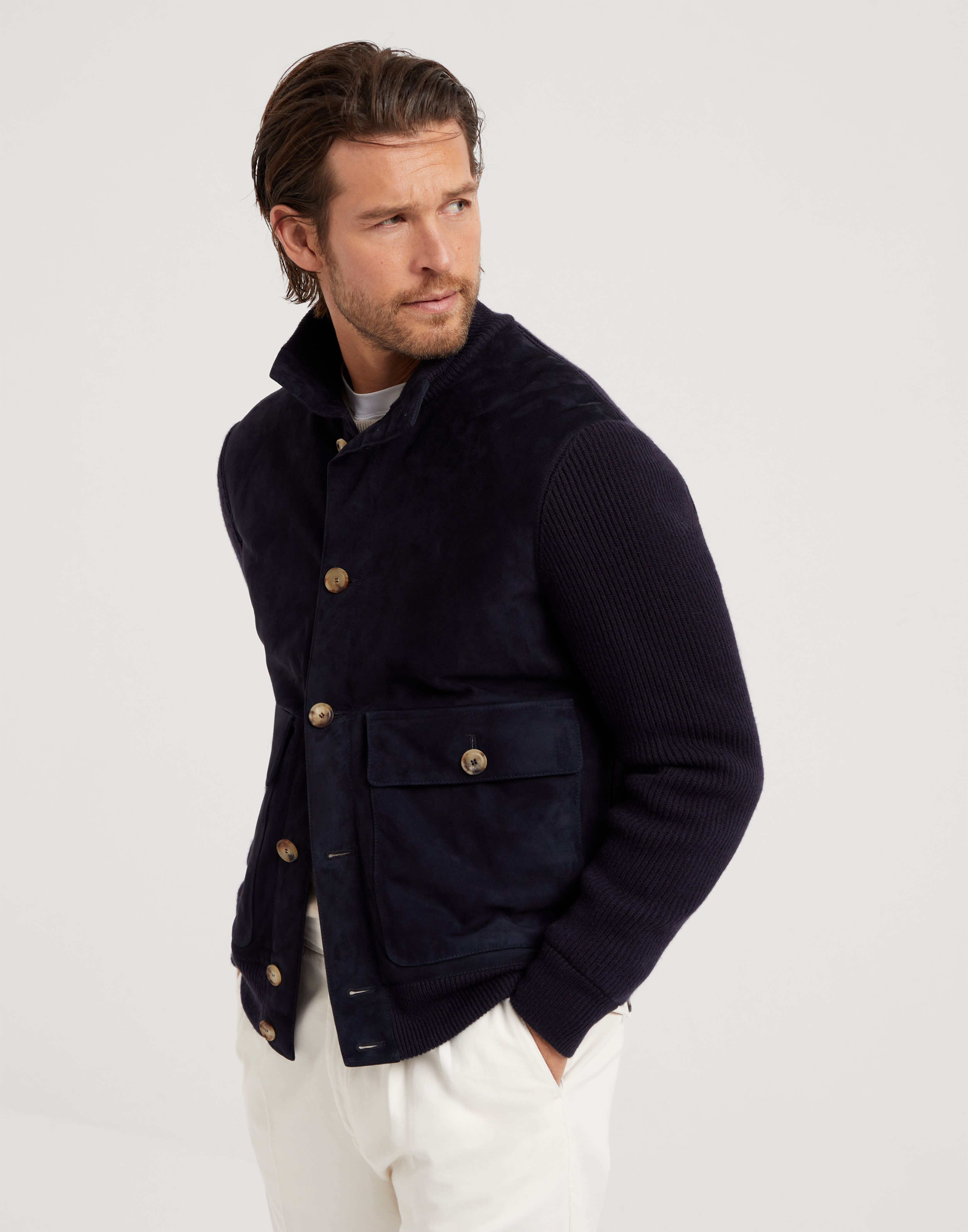 Suede and knit outerwear jacket