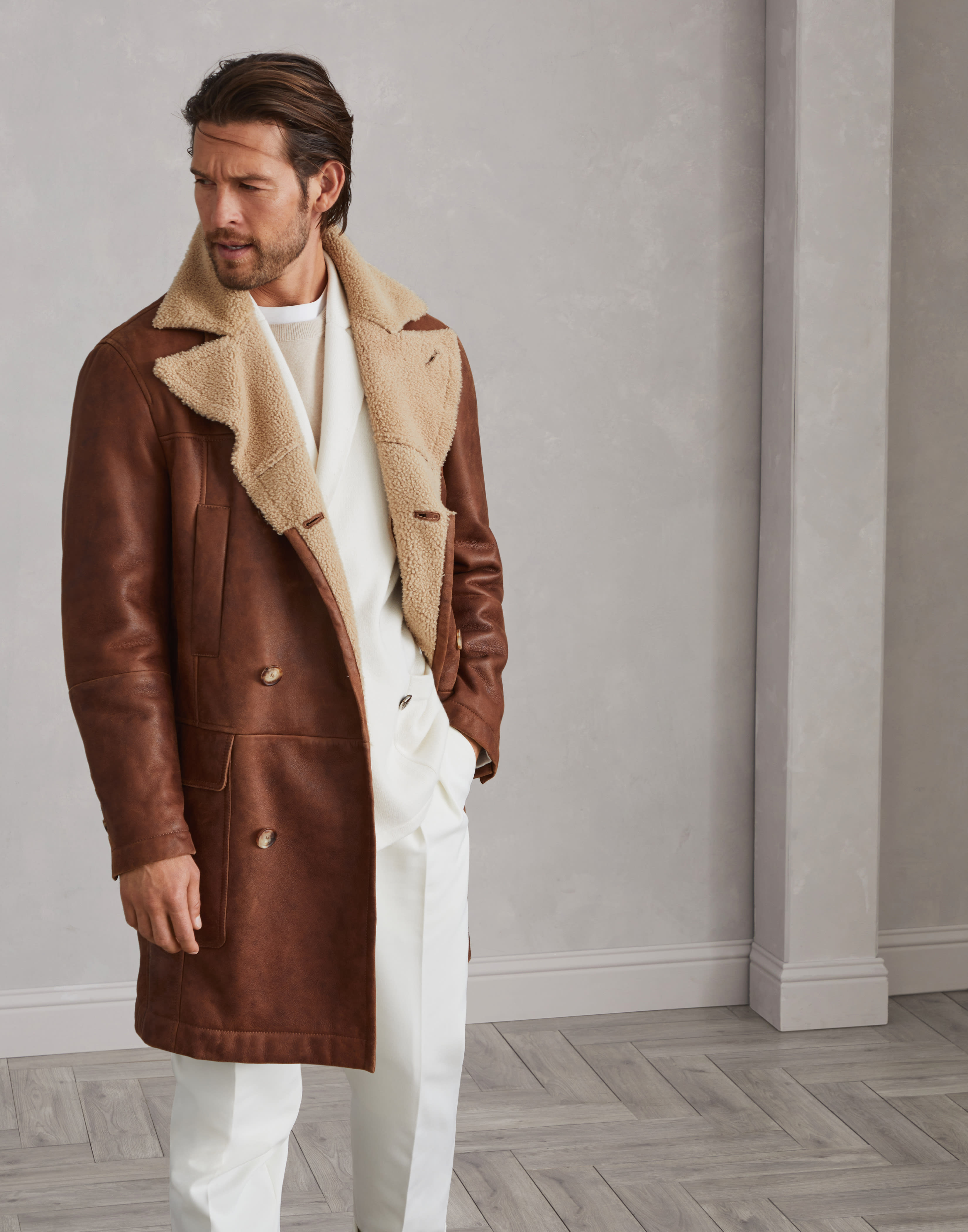 Shearling double-breasted coat Chocolate Man - Brunello Cucinelli