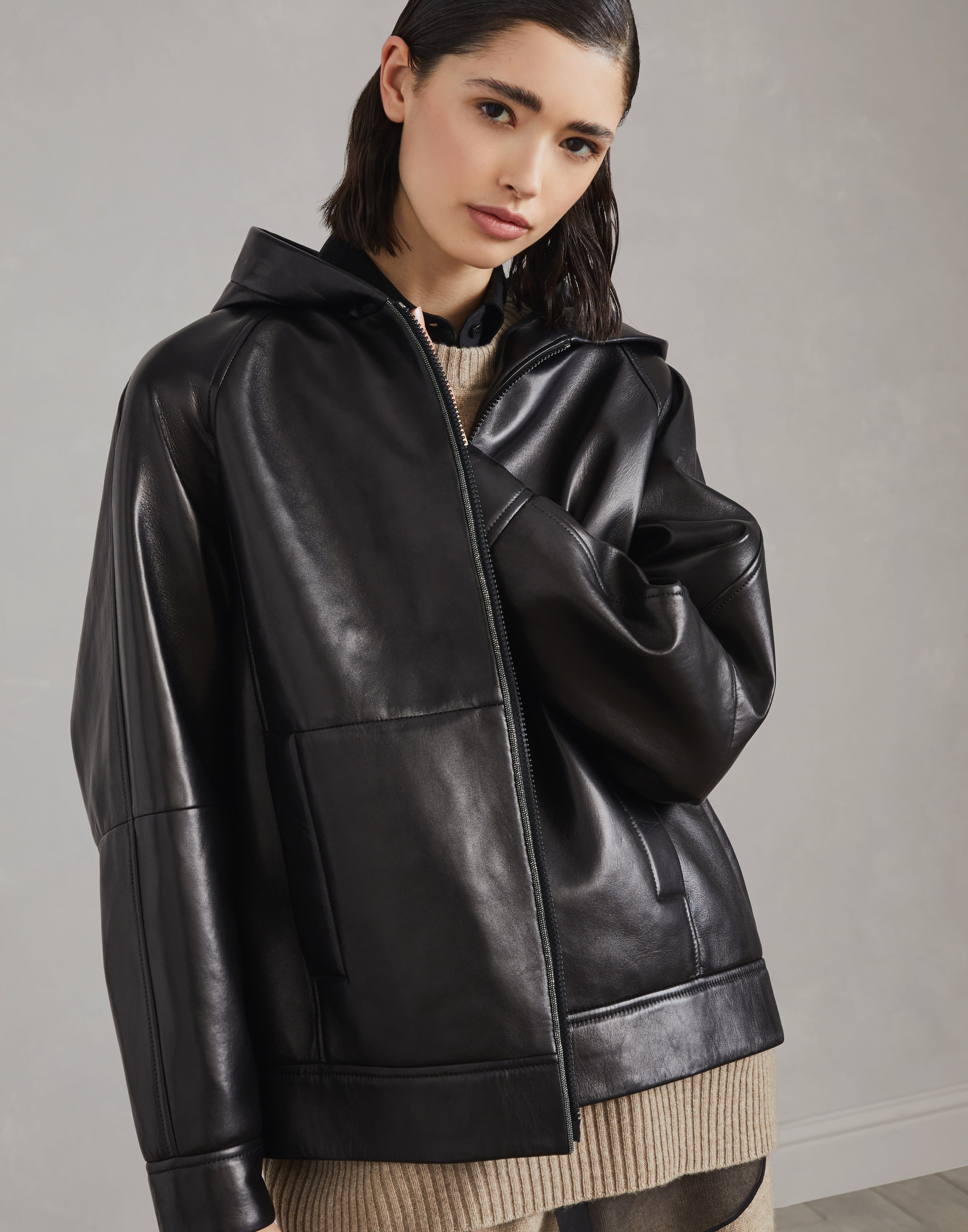 Nappa outerwear jacket with monili Black Woman - Brunello Cucinelli