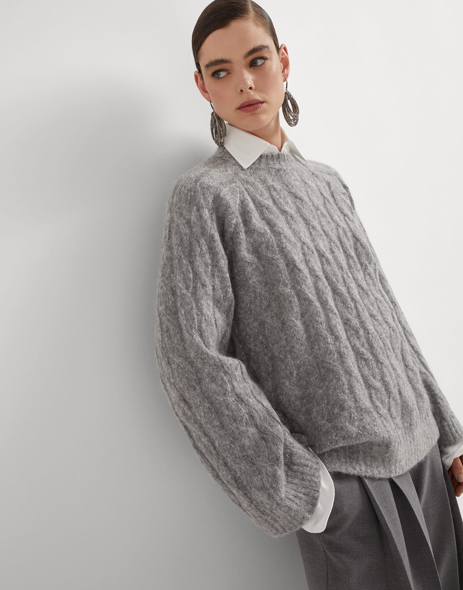 Wool and mohair sweater with monili Medium Grey Woman - Brunello Cucinelli