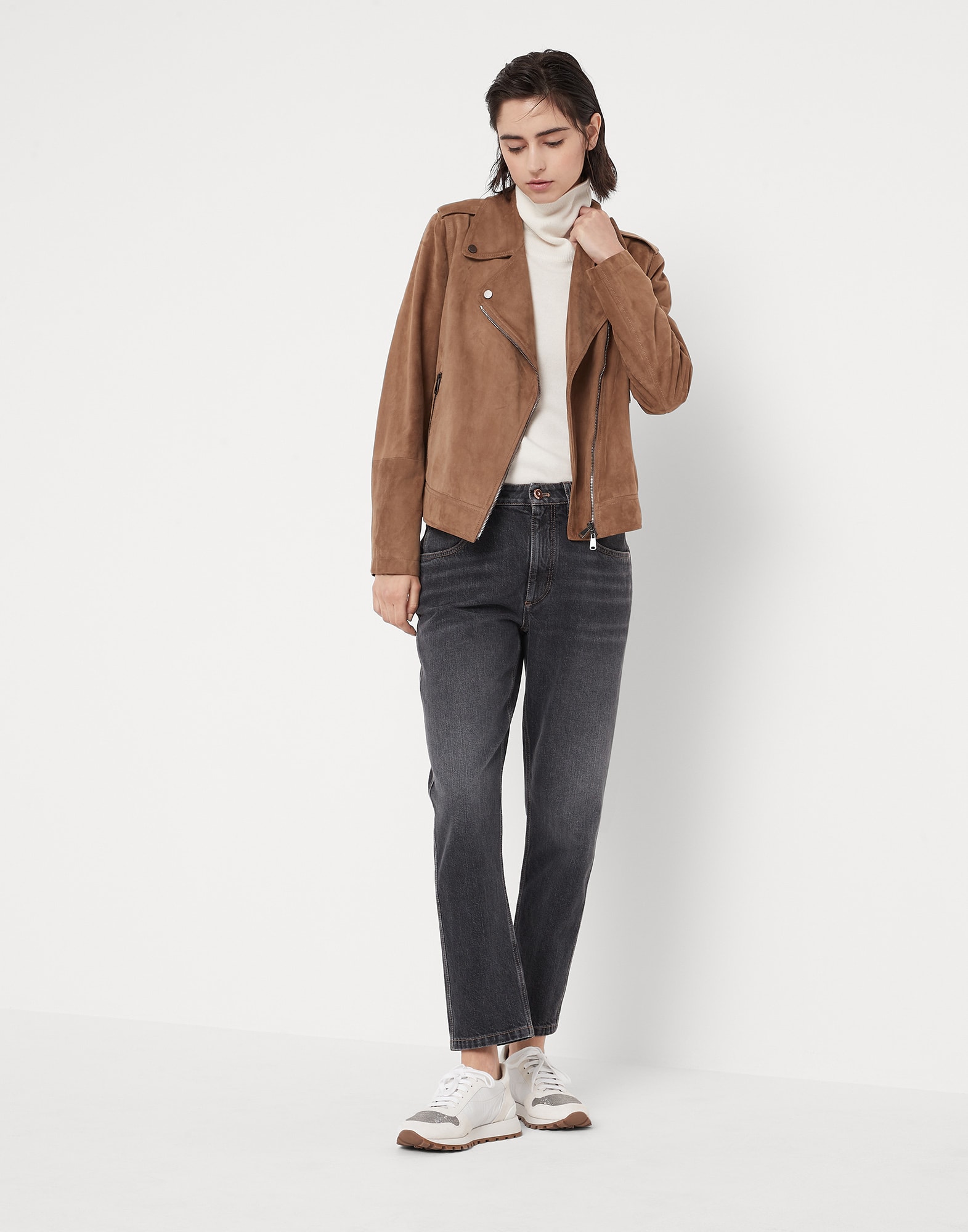 Brunello Cucinelli suede biker jacket women Leather Silk Acetate Eco Brass 38 Brown