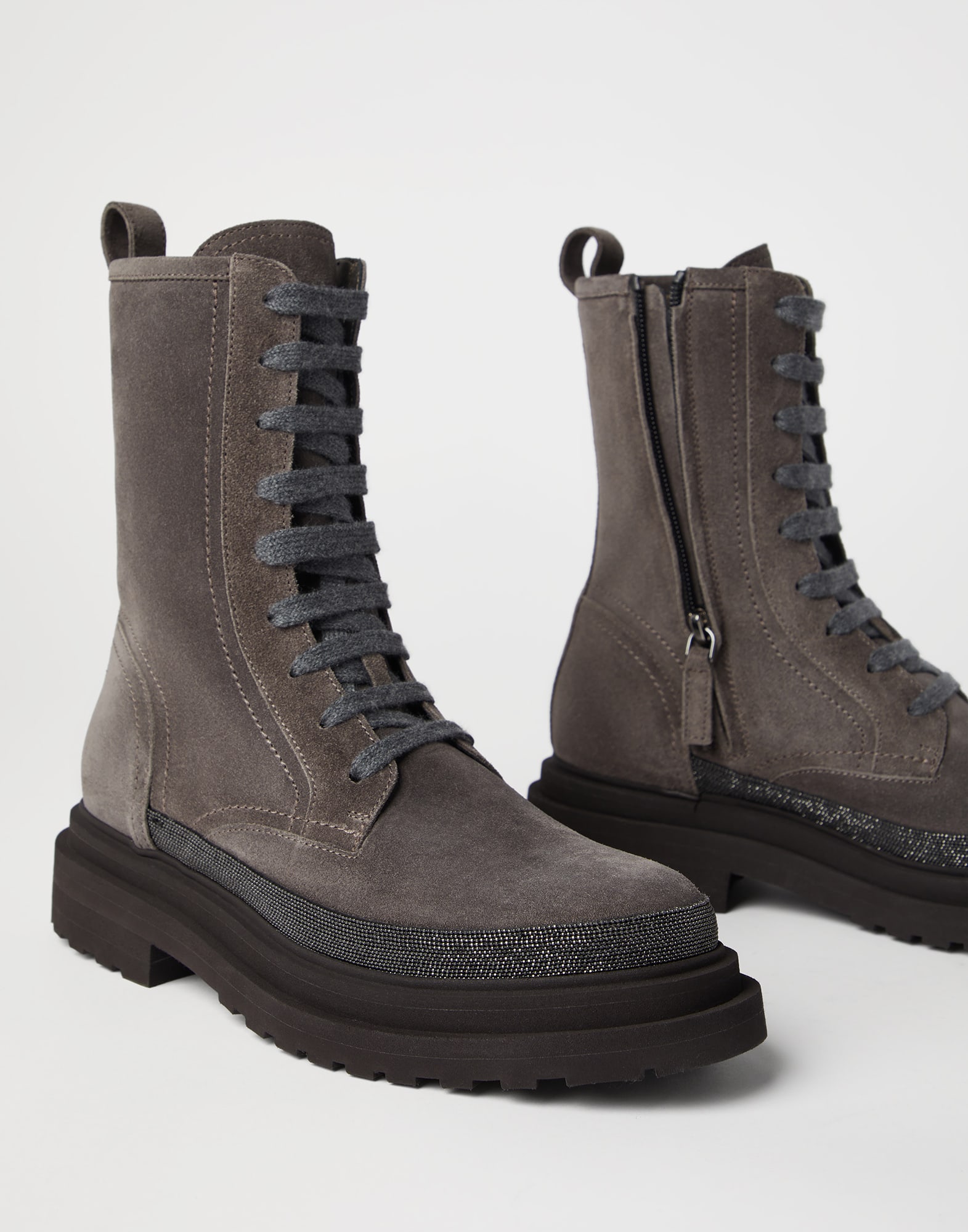 Suede boots with monili Dark Grey Woman - Brunello Cucinelli